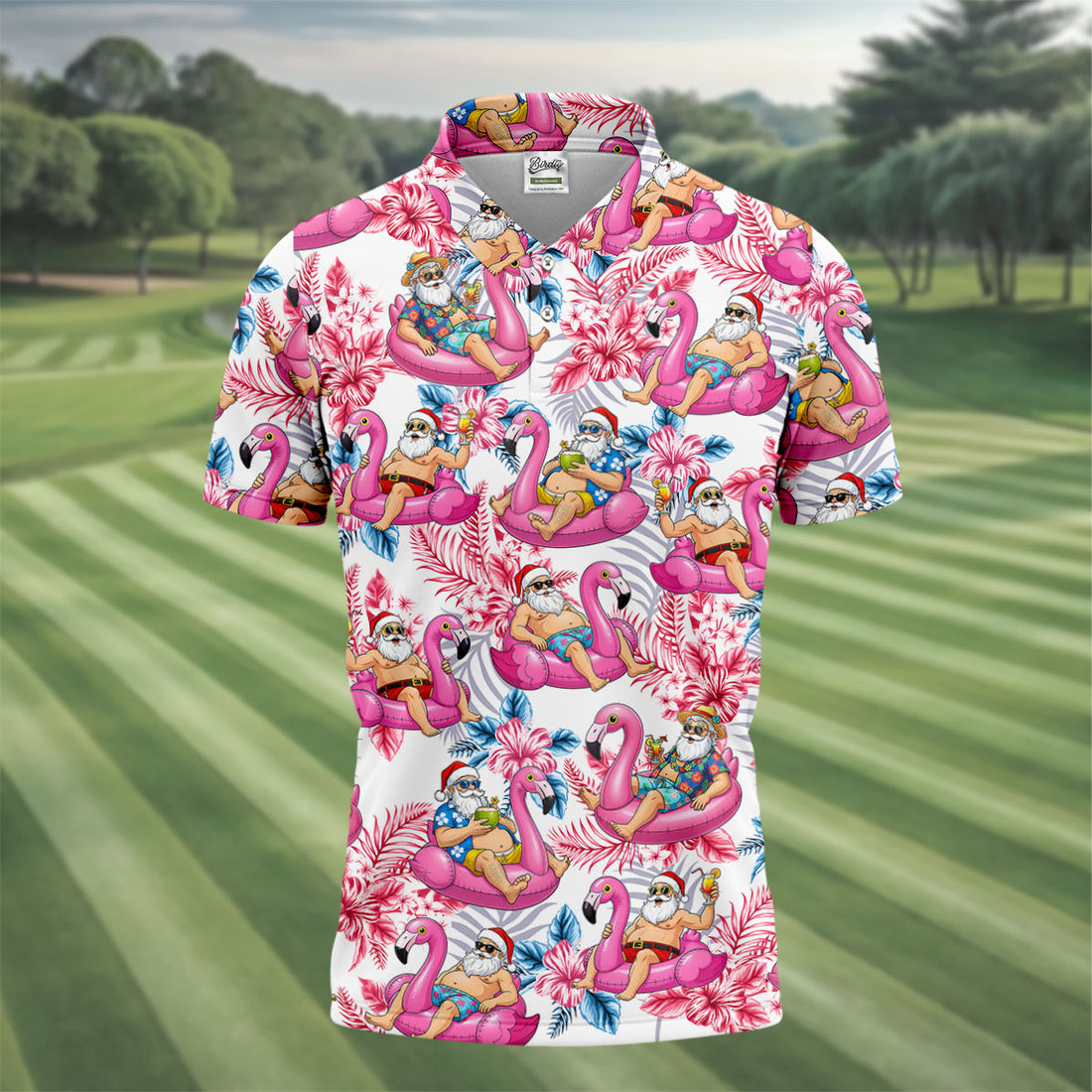 Santa Flamingo Float Tropical Christmas Golf Shirt, Christmas Hawaiian Shirt, Christmas Golf Shirt