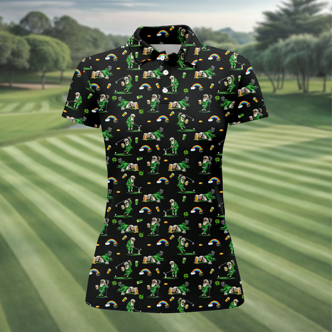 St Patrick's Day Leprechaun Character Golf And Beer Black Golf Shirt, Fun Women's Golf Shirts, Ladies Golf Polos