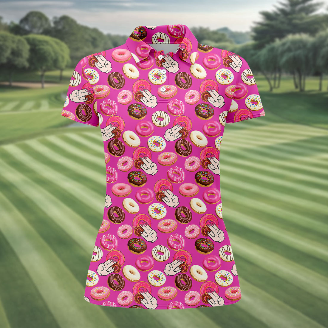 Funny Donut Adult Humor Pink Golf Shirt, Fun Women's Golf Shirts, Women's Golf Tops, Ladies Golf Shirts