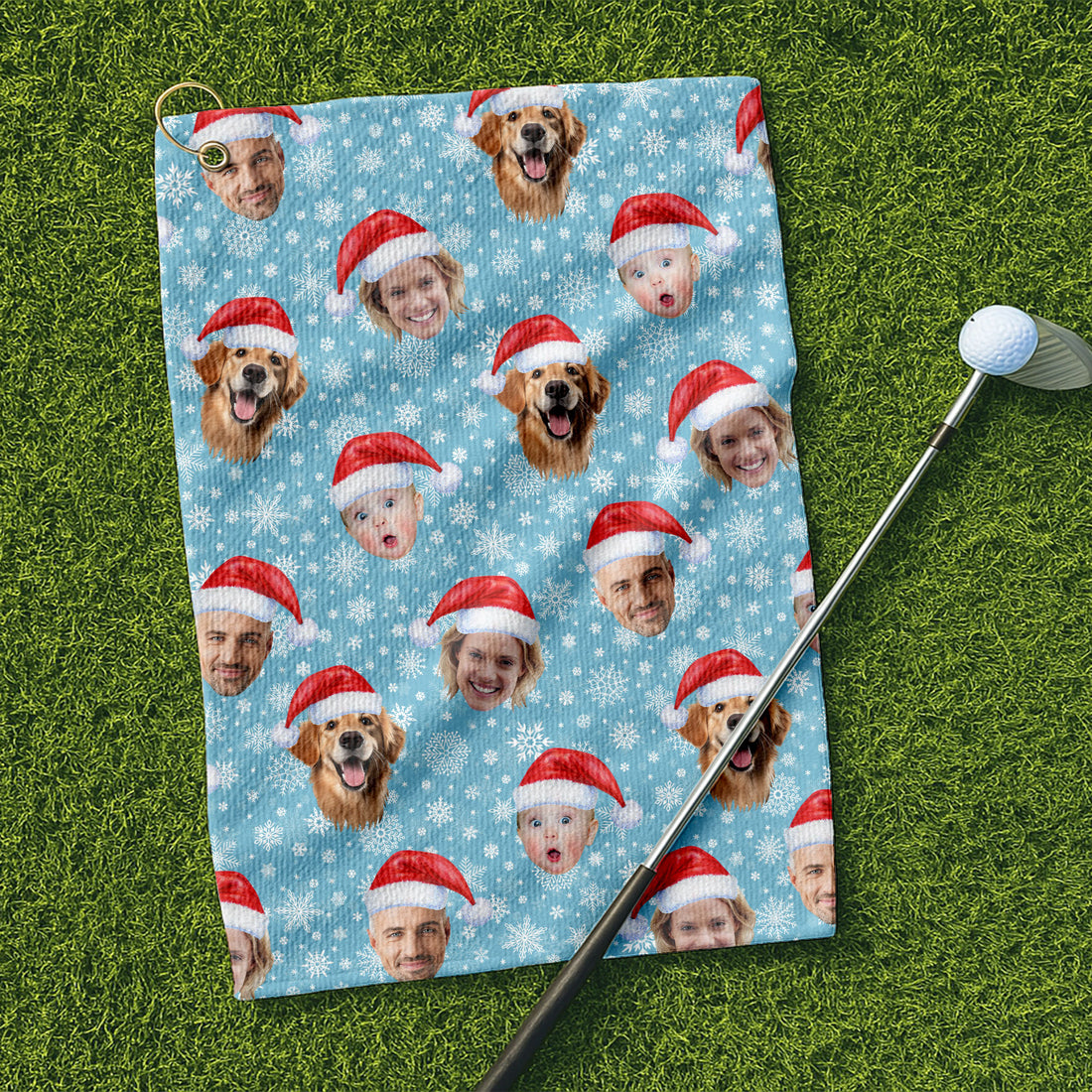 Custom Face Snowflakes Print Ice Blue Cute Golf Towels, Christmas Golf Gift, Custom Golf Accessories