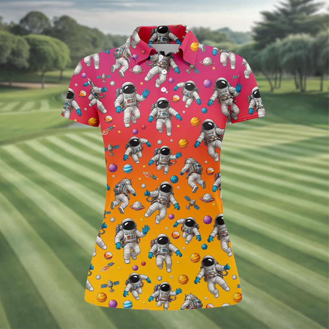 Space Astronaut Hawaiian Golf Shirt, Women's Golf Tops, Ladies Golf Shirts