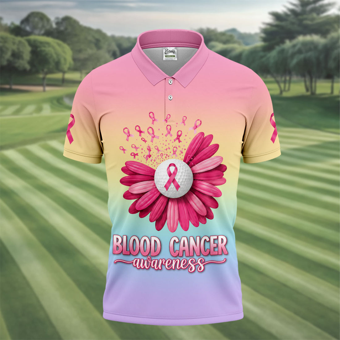 Blood Cancer Awareness Flower Golf Polo Shirt, Mens Golf Shirts, Golf Apparel For Men
