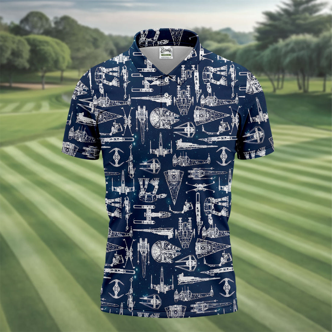 Line-art Sketches Sci-Fi Spacecraft Dark Navy Golf Shirts For Men, Polo Shirts For Men, Golfing Apparel