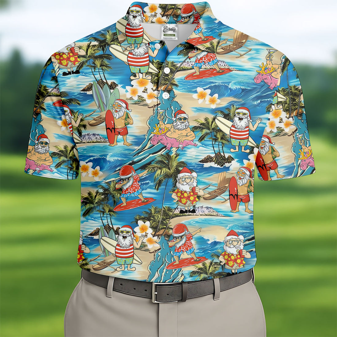 Men's Tropical Santa Surf Vacation Men's Golf Shirt, Christmas Golf Shirt, Golf Apparel For Men