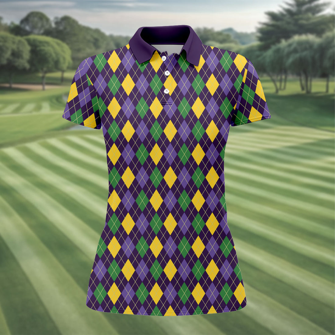 Green Purple Gold Argyle Pattern Mardi Gras Golf Shirt, Women's Golf Tops, Ladies Golf Shirts