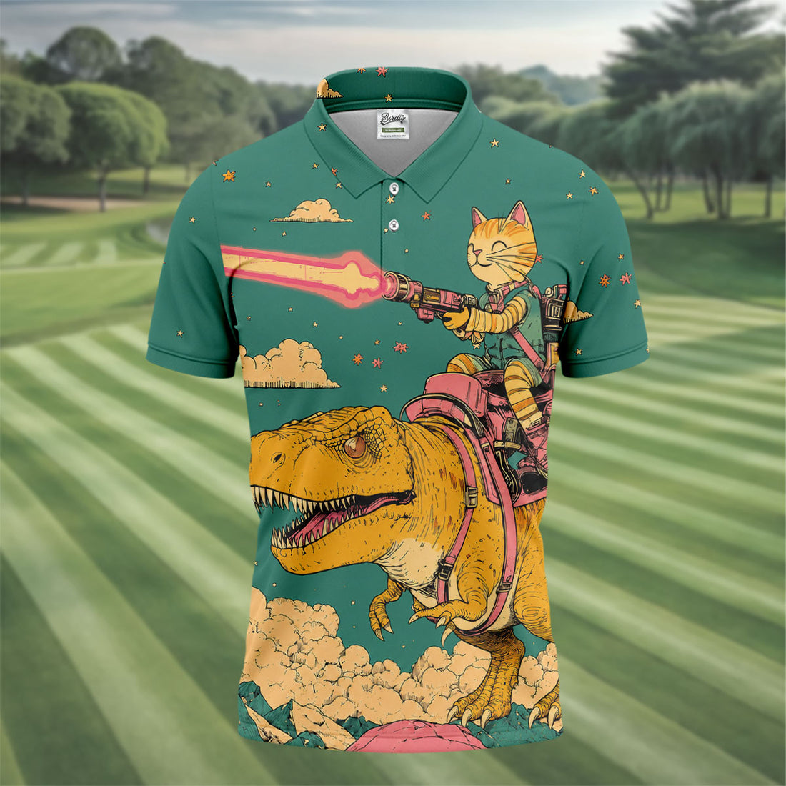 Laser Cat Dinosaur Golf Shirt, Retro Sci Fi T Rex Adventure Pattern, Golf Shirt For Men