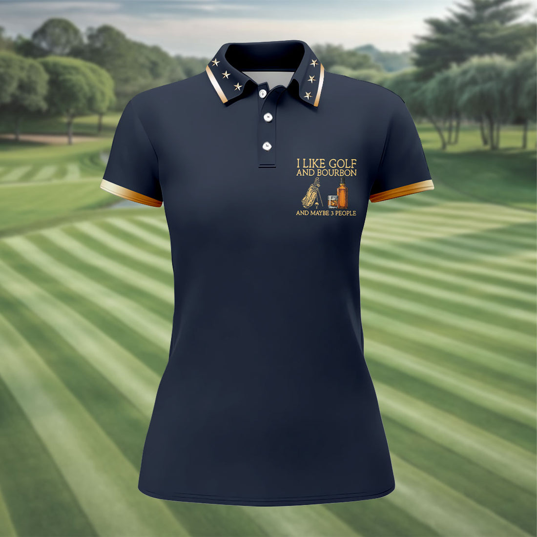 I Like Golf And Bourbon Navy Golf Shirt, Fun Women's Golf Shirts, Golf And Whiskey Ladies Golf Shirts