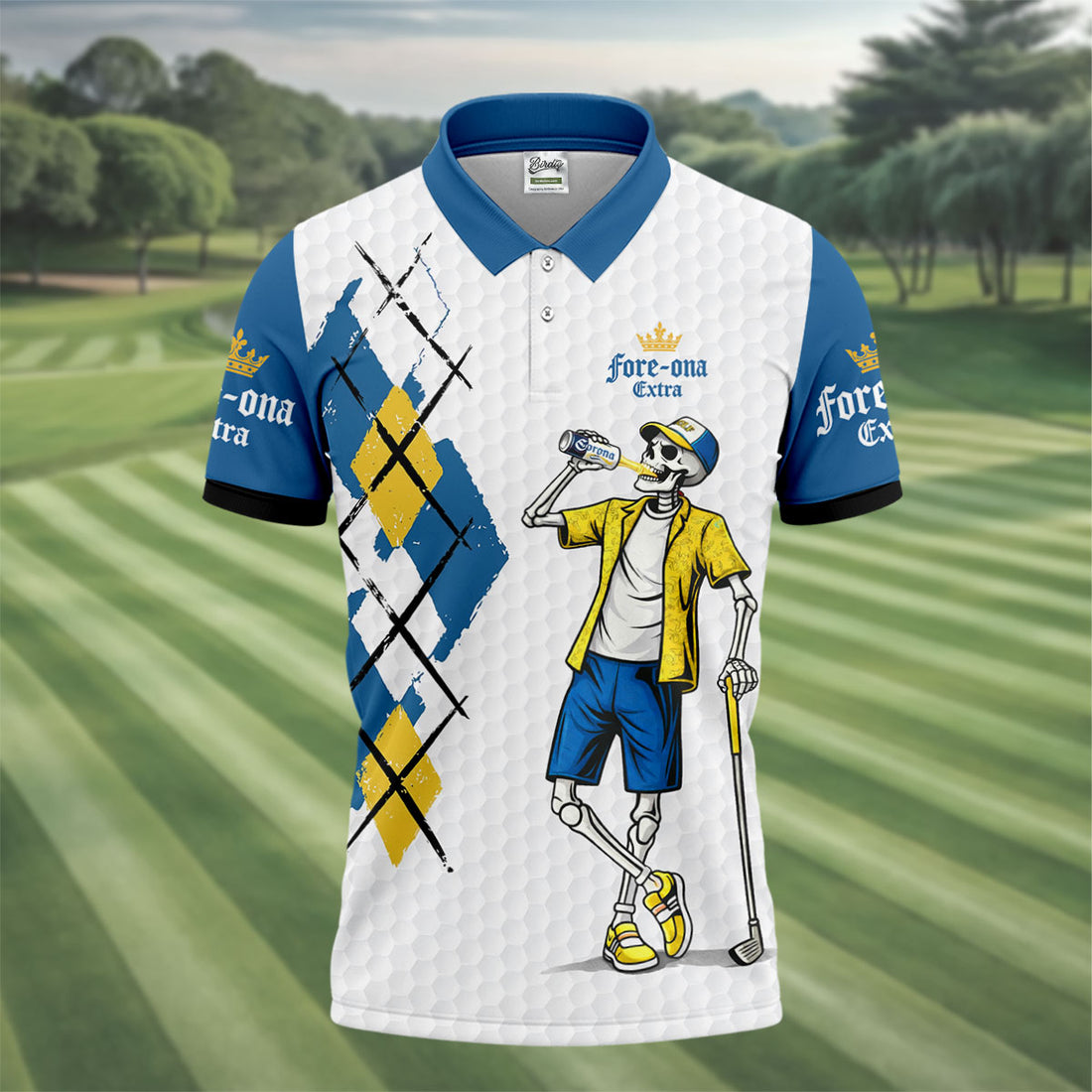 Blue Yellow Skeleton Golfer Beer Polo Shirt, Mens Golf Polo, Golf Apparel For Men