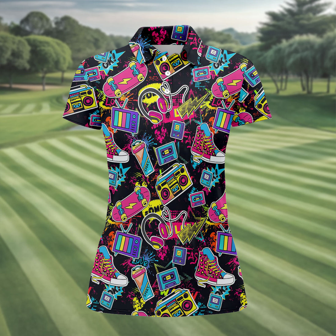 Retro 80s Colorful Pop Art Golf Shirt For Women, Vintage 90s Neon Ladies Golf Shirts