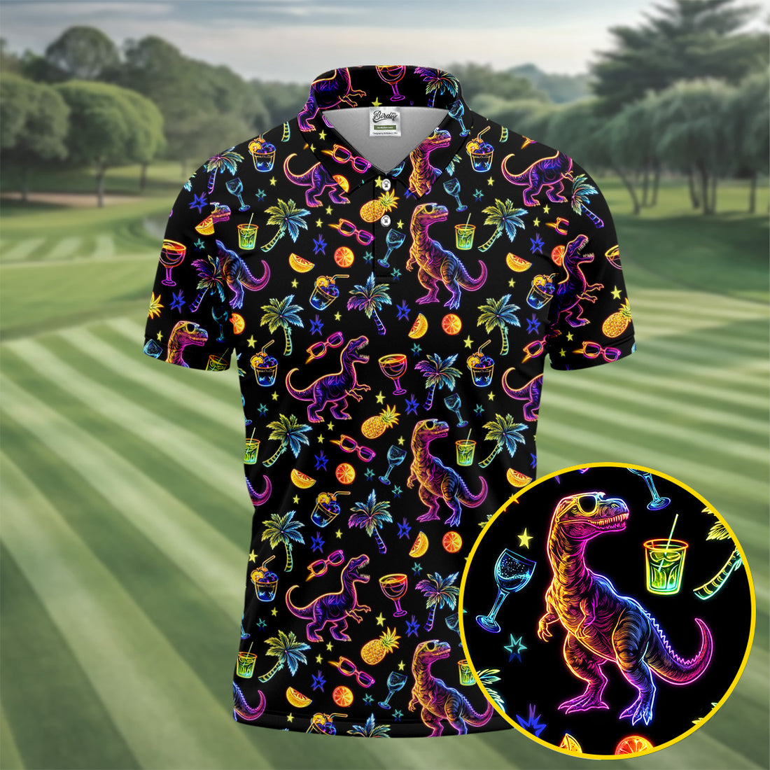 Neon Dinosaur Tropical Theme Hawaiian Golf Shirt, Polo Shirts For Men, Golfing Apparel