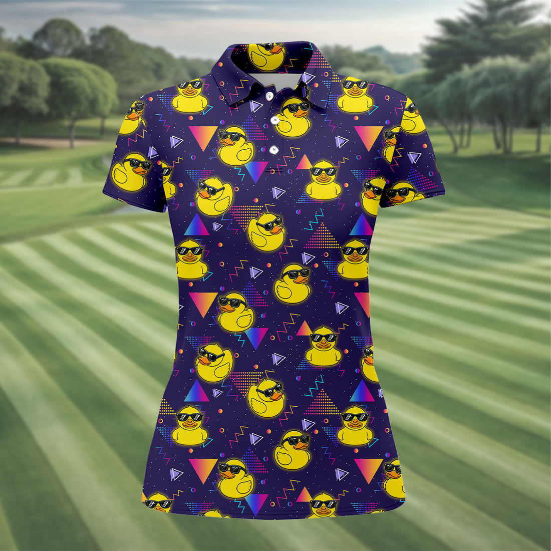 Funny Rubber Duck Retro Pattern Hawaiian Golf Shirt, Women's Golf Tops, Ladies Golf Shirts