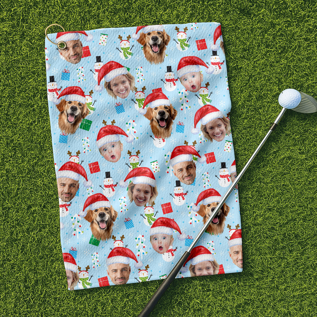 Custom Face Cute Snowman Pastel Blue Golf Towel, Christmas Golf Gift, Golf Gift Idea