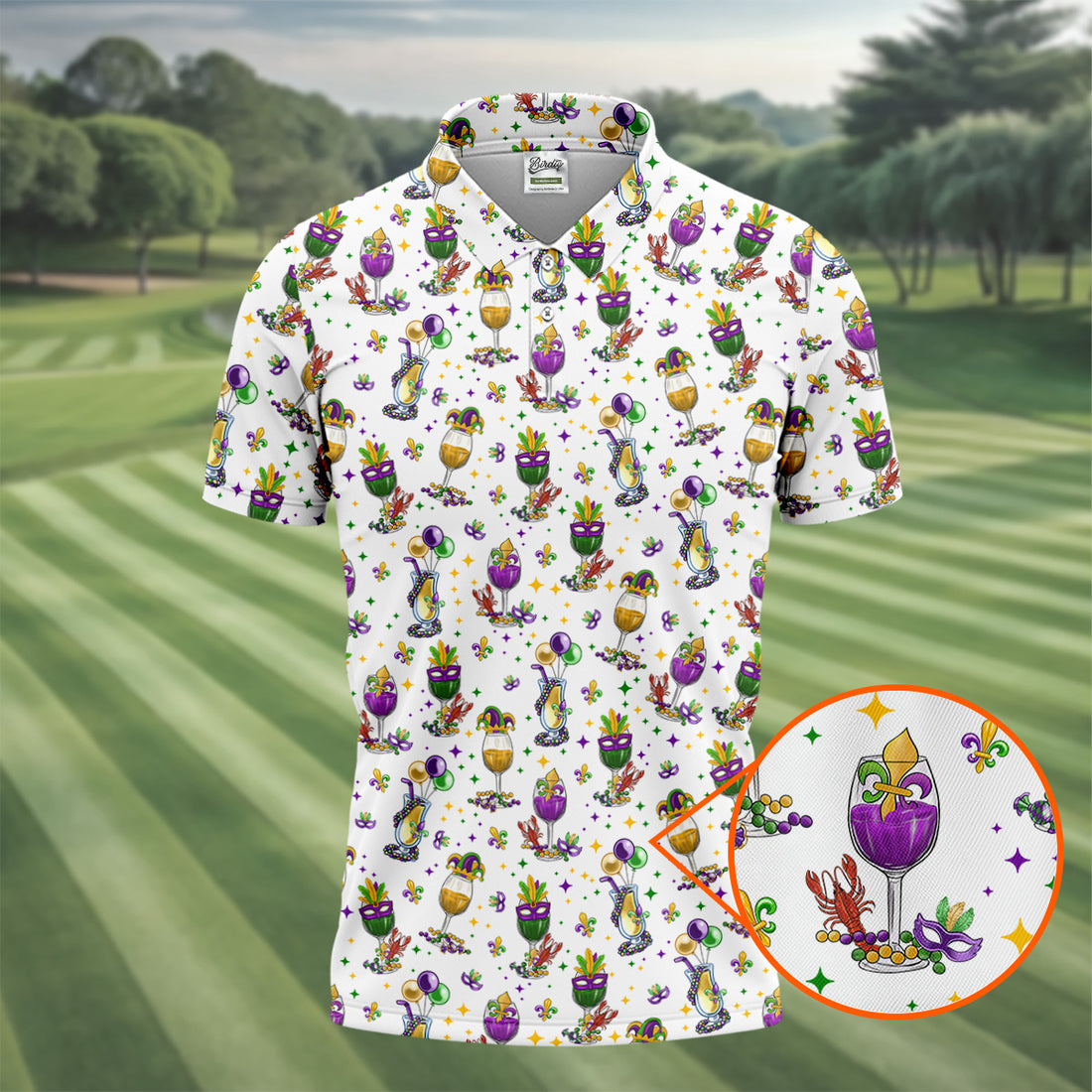 Mardi Gras Wine Glass Beaded Garland Fleur De Lis White Golf Shirt, Polo Shirts For Men, Golf Shirts For Men
