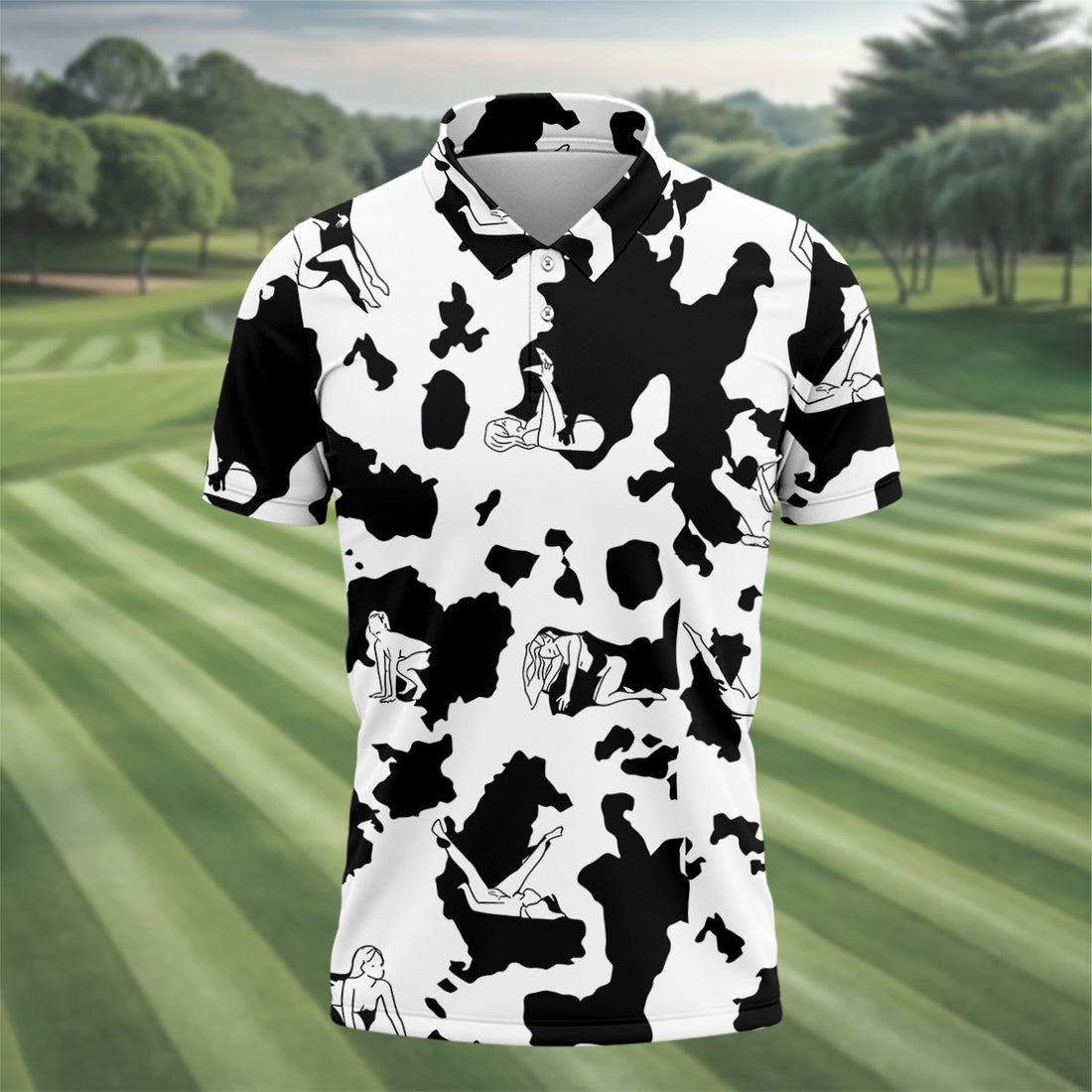 Cow Print Golf Shirt, Adult Humor Hidden Pin Up Pattern, Golf Shirt For Men