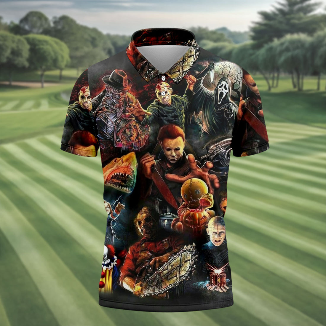 Halloween Horror Character Collage Golf Shirt, Men's Golf Shirt, Hawaiian Golf Shirt