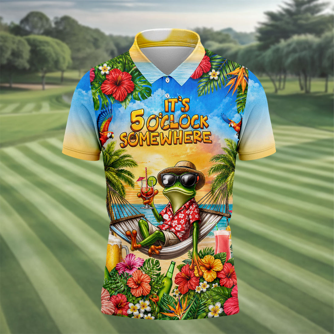 Frog Hammock 5 Oclock Somewhere Tropical Golf Shirt, Golf Shirts For Men, Mens Golf Apparel