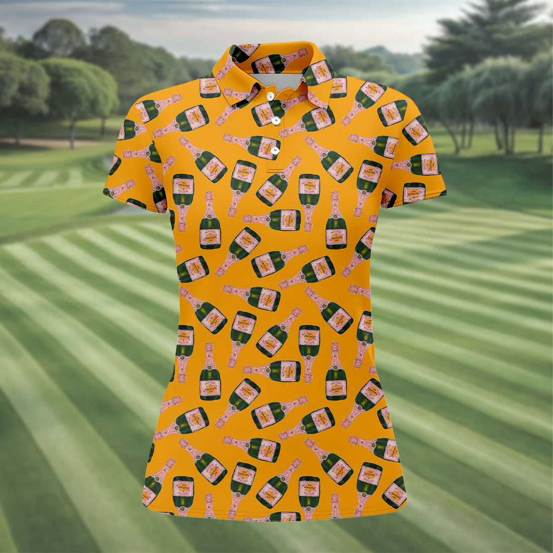 Rosé Champagne Seamless Pattern Yellow Golf Shirt, Ladies Golf Shirts, Golf Shirt For Women