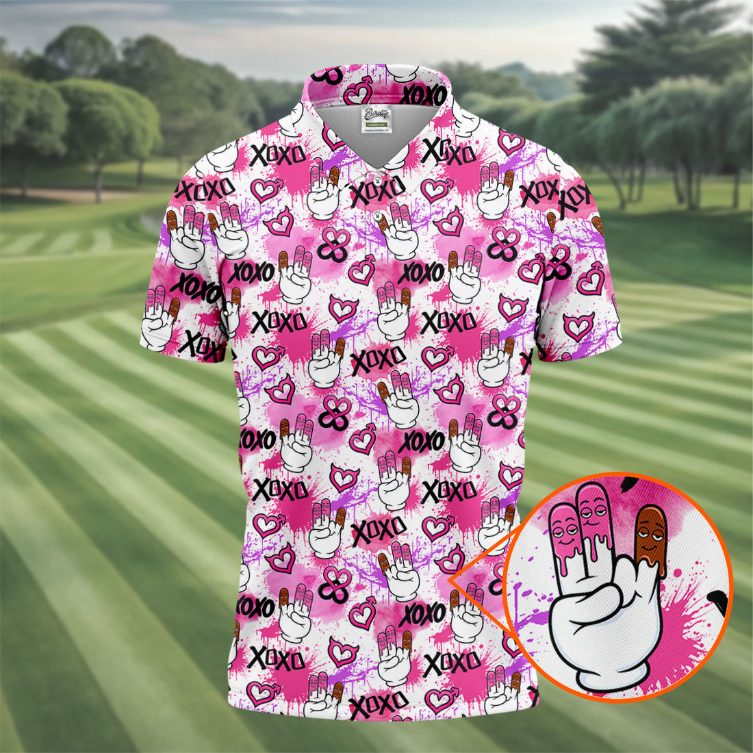 Chocolate Fingers Adult Humor XOXO Pink Splatter Fun Golf Shirts For Men, Valentines Golf Gift, Polo Shirts For Men