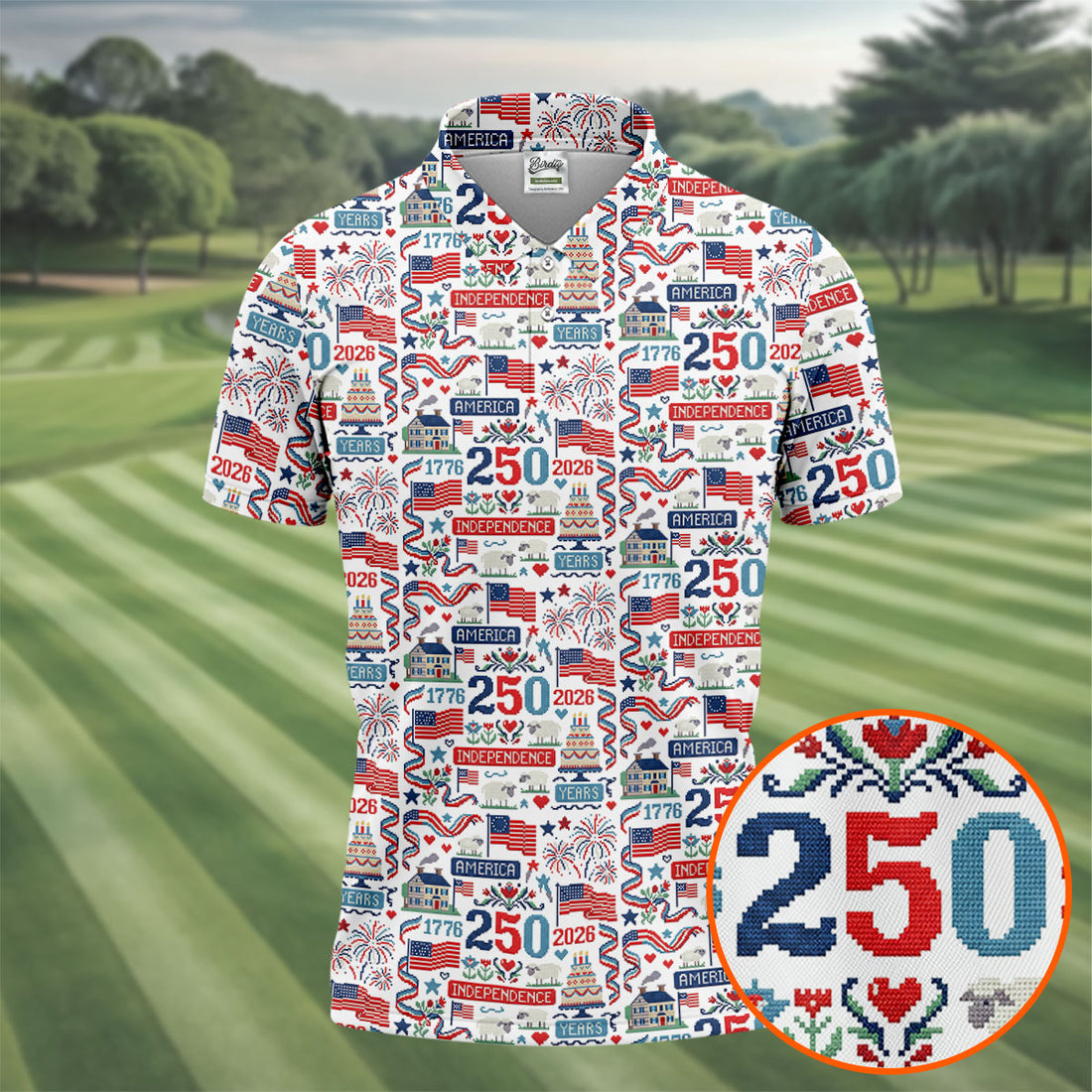 America Independence 250 Years White Golf Shirt, Patriotic 4th Of July Golf Shirts For Men