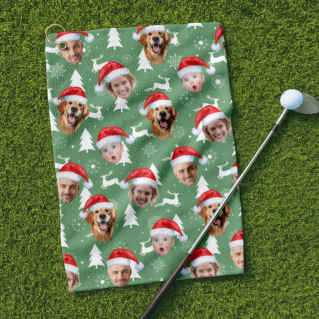 Custom Face Snow Reindeer Sage Green Cute Golf Towels, Christmas Golf Gift, Custom Golf Accessories