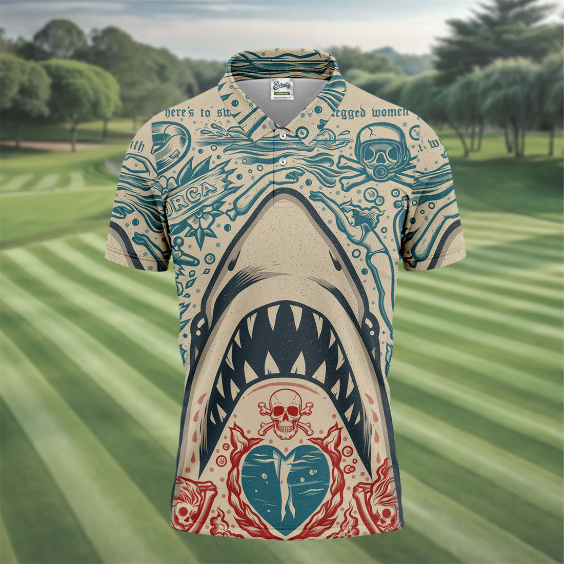 Vintage Shark Jaw Tattoo Art Golf Polo Shirt, Golf Shirts For Men, Printed Golf Shirts