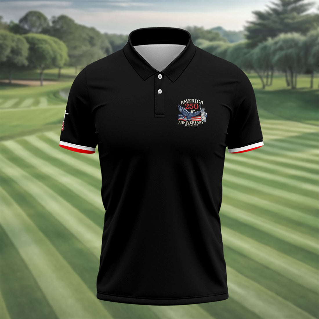 America 250 Anniversary 1776-2026 Faith Cross Bald Eagle Logo Golf Shirts For Men, Patriotic 4th Of July Golf Shirt