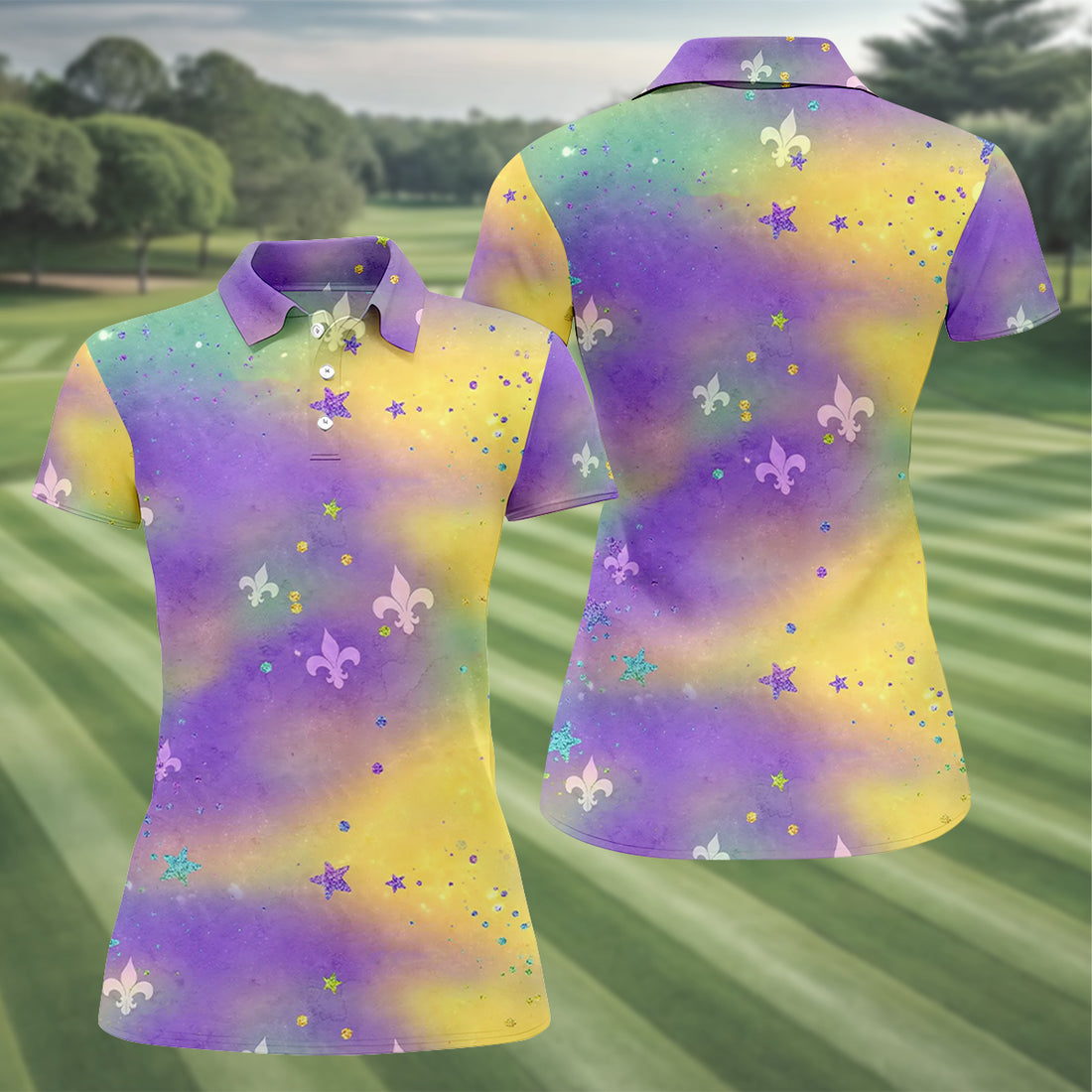 Fleur-De-Lis Symbol Green Gold Purple Blended Color Mardi Gras Golf Shirt, Women's Golf Shirts, Ladies Golf Polos
