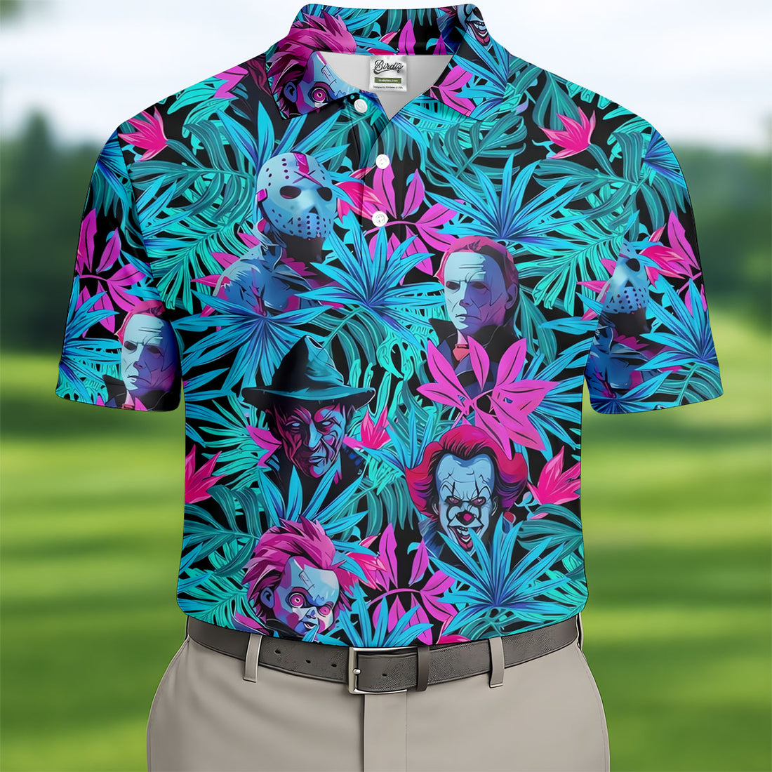 Neon Halloween Horror Character Hawaiian Golf Shirt, Men's Golf Shirt, Printed Golf Polo Shirt