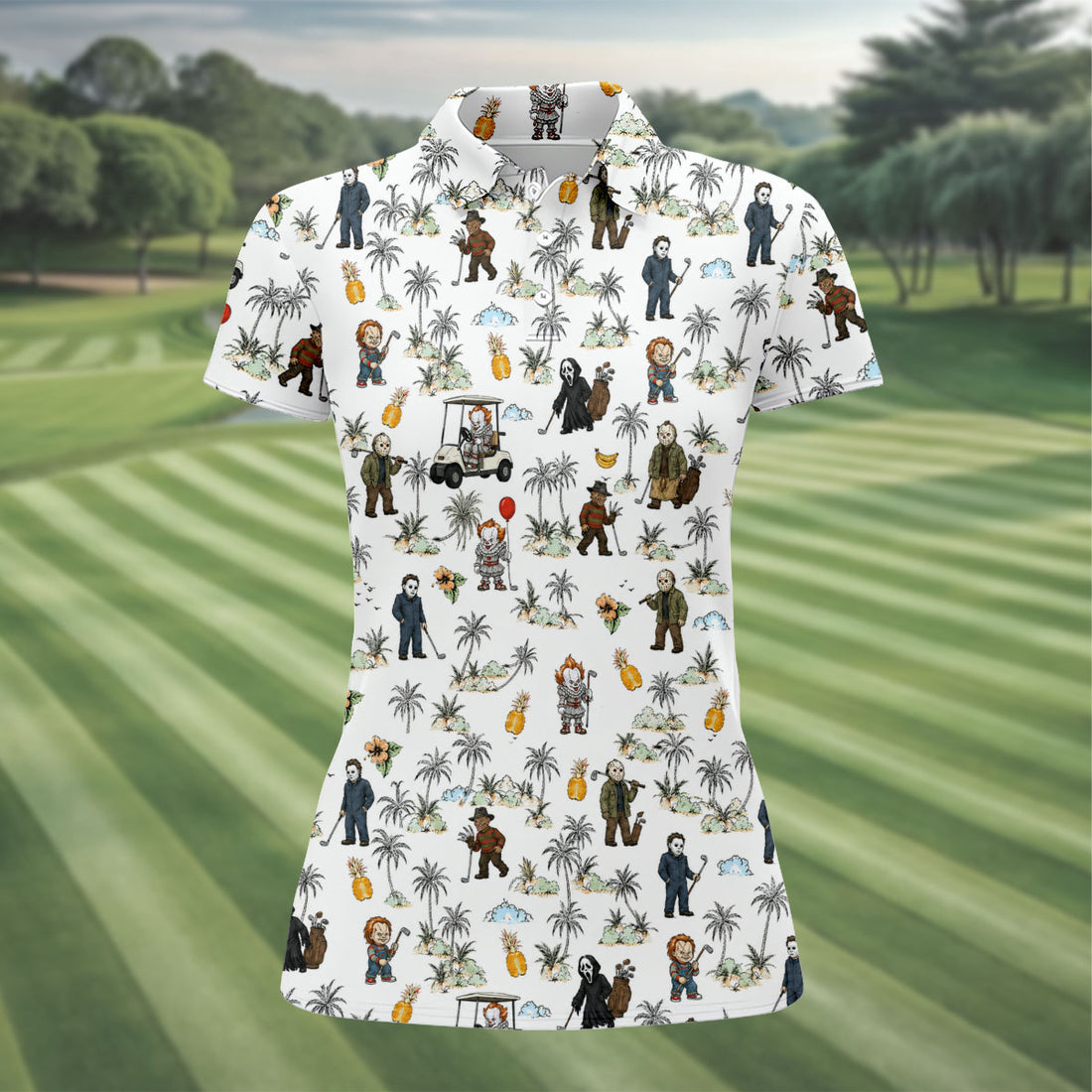 Mini Horror Character Halloween Golf Shirt, Women's Golf Apparel, Golf Polo For Women