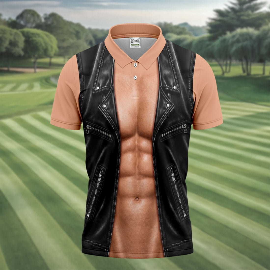 Black Leather Vest Illusion Golf Polo Shirt, Men's Golf Shirt, Golf Polo Shirts For Men