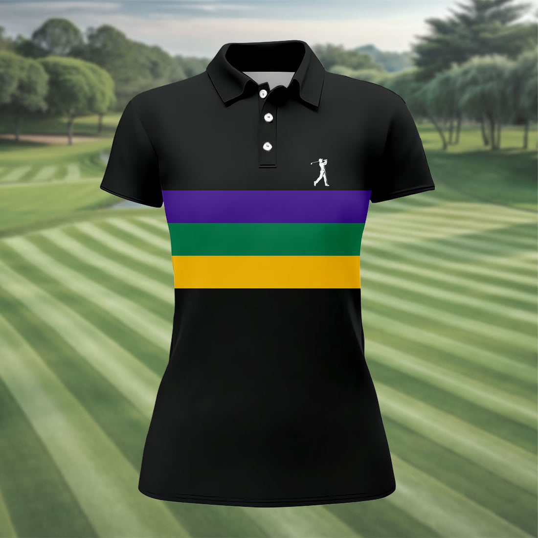 Mardi Gras Purple Green Gold Horizontal Stripes Black Golf Shirt, Women's Golf Shirts, Ladies Golf Polos