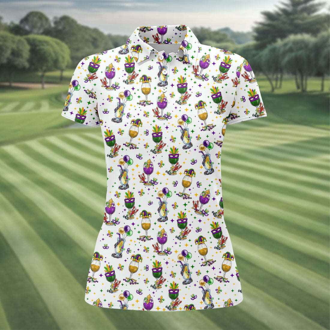 Mardi Gras Wine Glass Beaded Garland Fleur De Lis White Golf Shirt, Women's Golf Tops, Ladies Golf Polos