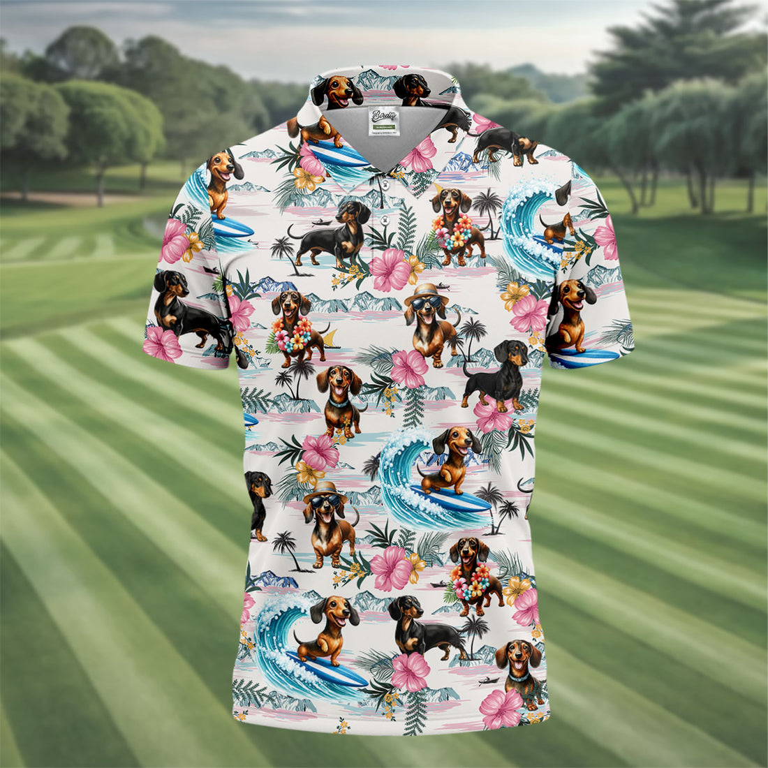 Cartoon Dachshund Tropical Theme Hawaiian Golf Shirt, Men's Golf Shirt, Polo Shirts For Men