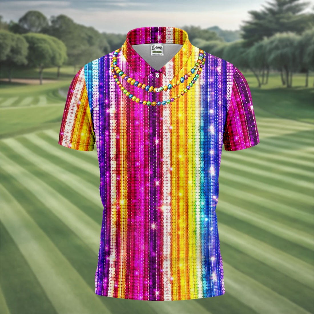 Mardi Gras Sequinned Glitter Print Golf Tops For Men, Polo Shirts For Men, Golf Shirts For Men
