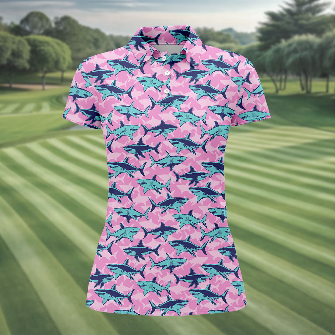Shark Pattern Hawaiian Golf Shirt, Pink Golf Shirt, Golf Shirt For Women, Golfing Apparel