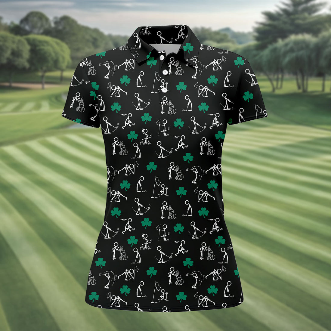 Stick Figure Golf Pose St Patrick's Day Shamrock Black Golf Shirt, Women's Golf Tops, Ladies Golf Polos