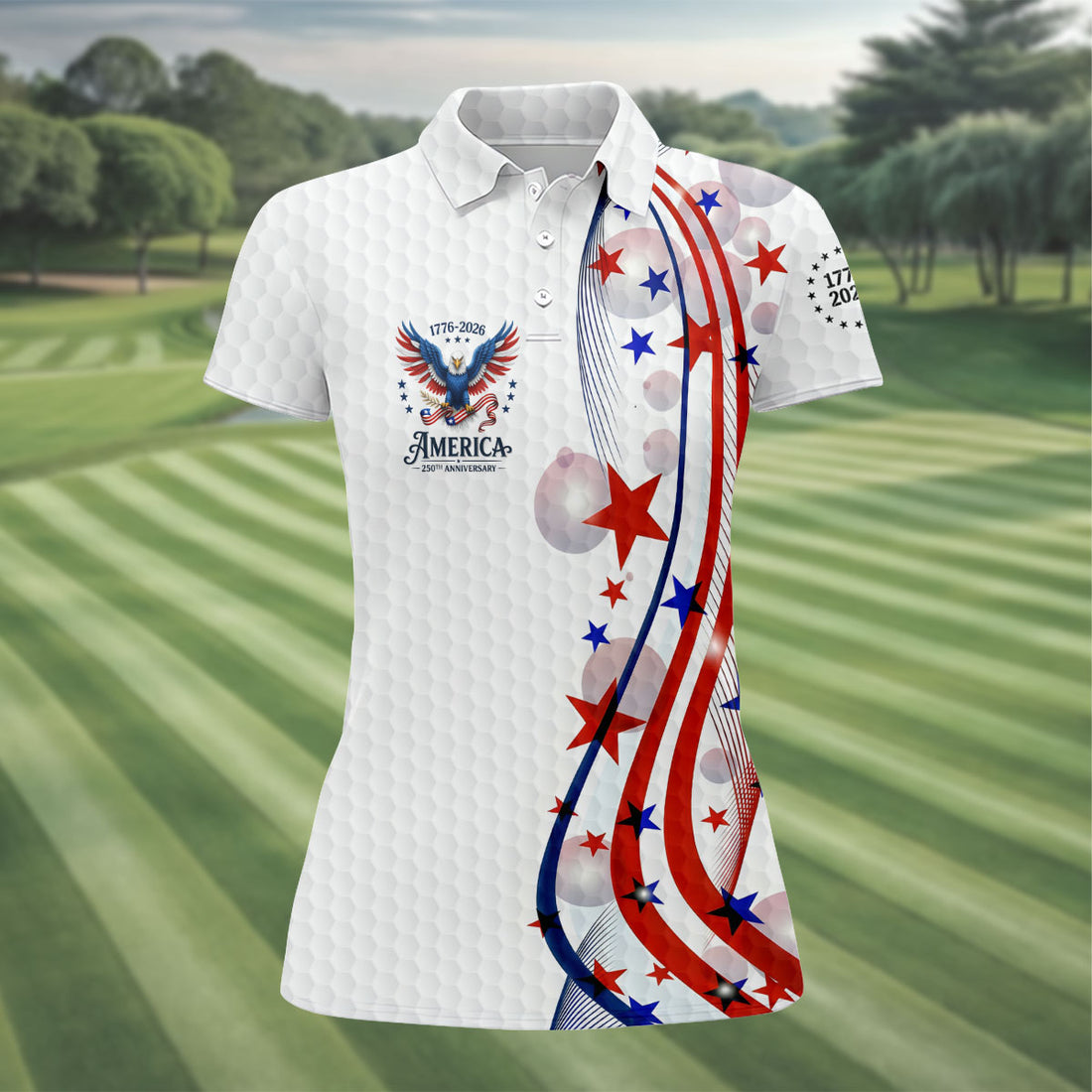 Red White Blue Wavy Stripes Bald Eagle Logo Patriotic 4th Of July Golf Shirt, 250 Years Golf Shirt For Women
