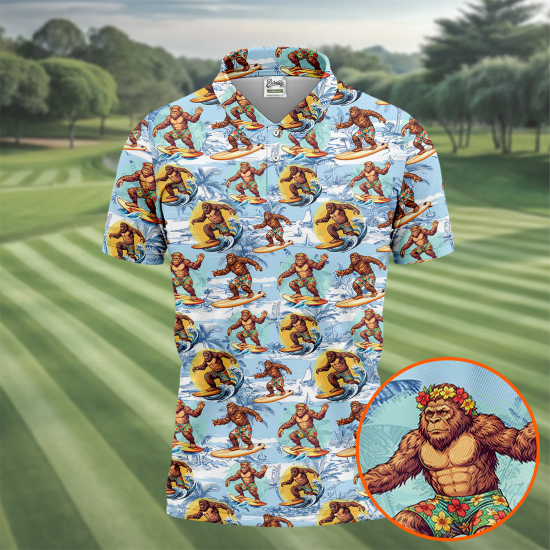 Surfing Bigfoot Hawaiian Golf Shirt, Mens Golf Shirts, Golf Apparel For Men