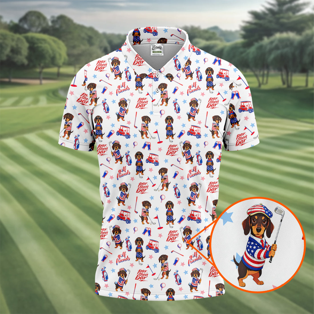 Par Then Bar Cute Dachshund Golf Pose 4th Of July Golf Shirts For Men, 250th Anniversary Patriotic Golf Shirt