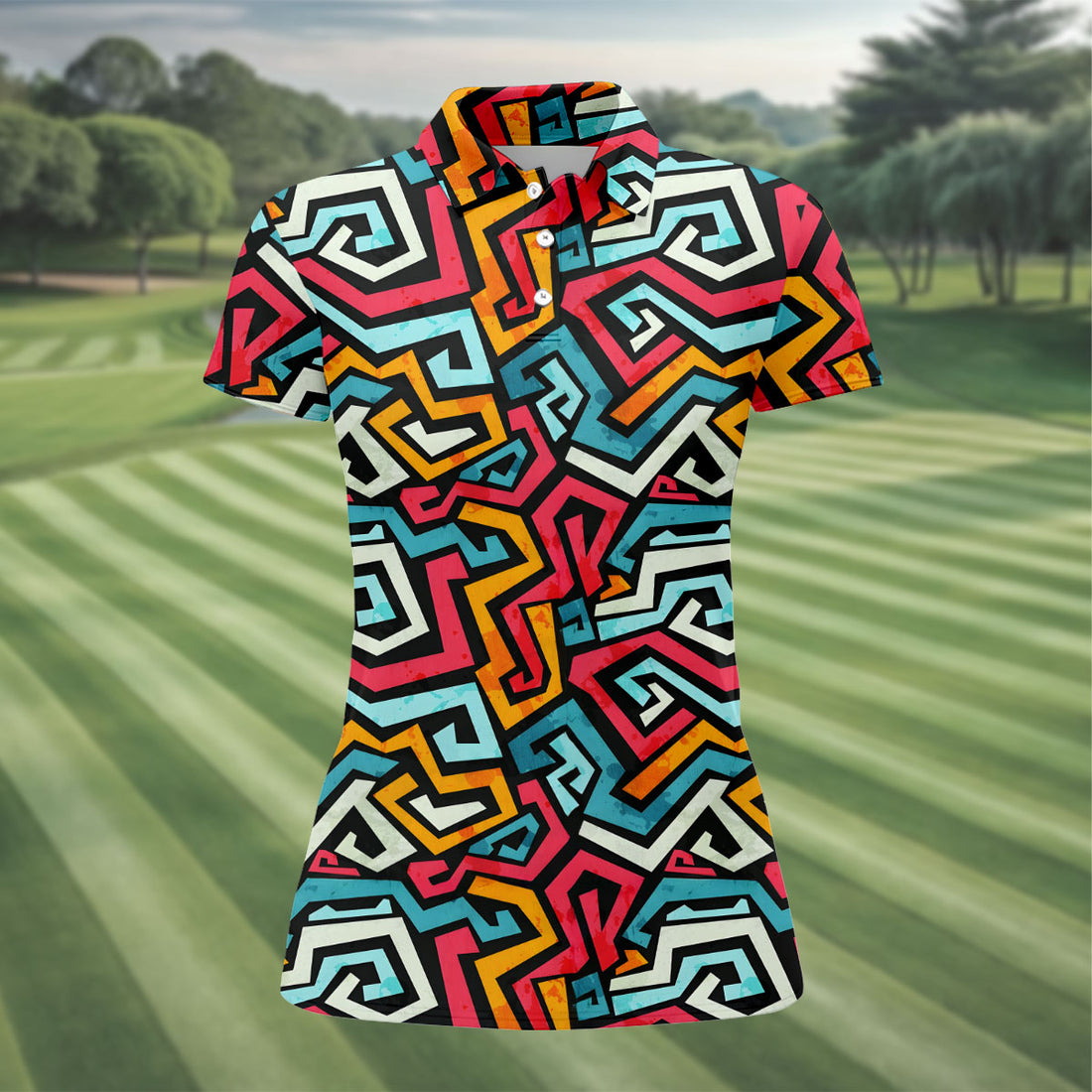 Colorful Geometric Grunge Effect Hawaiian Golf Shirt, Women's Golf Tops, Ladies Golf Shirts