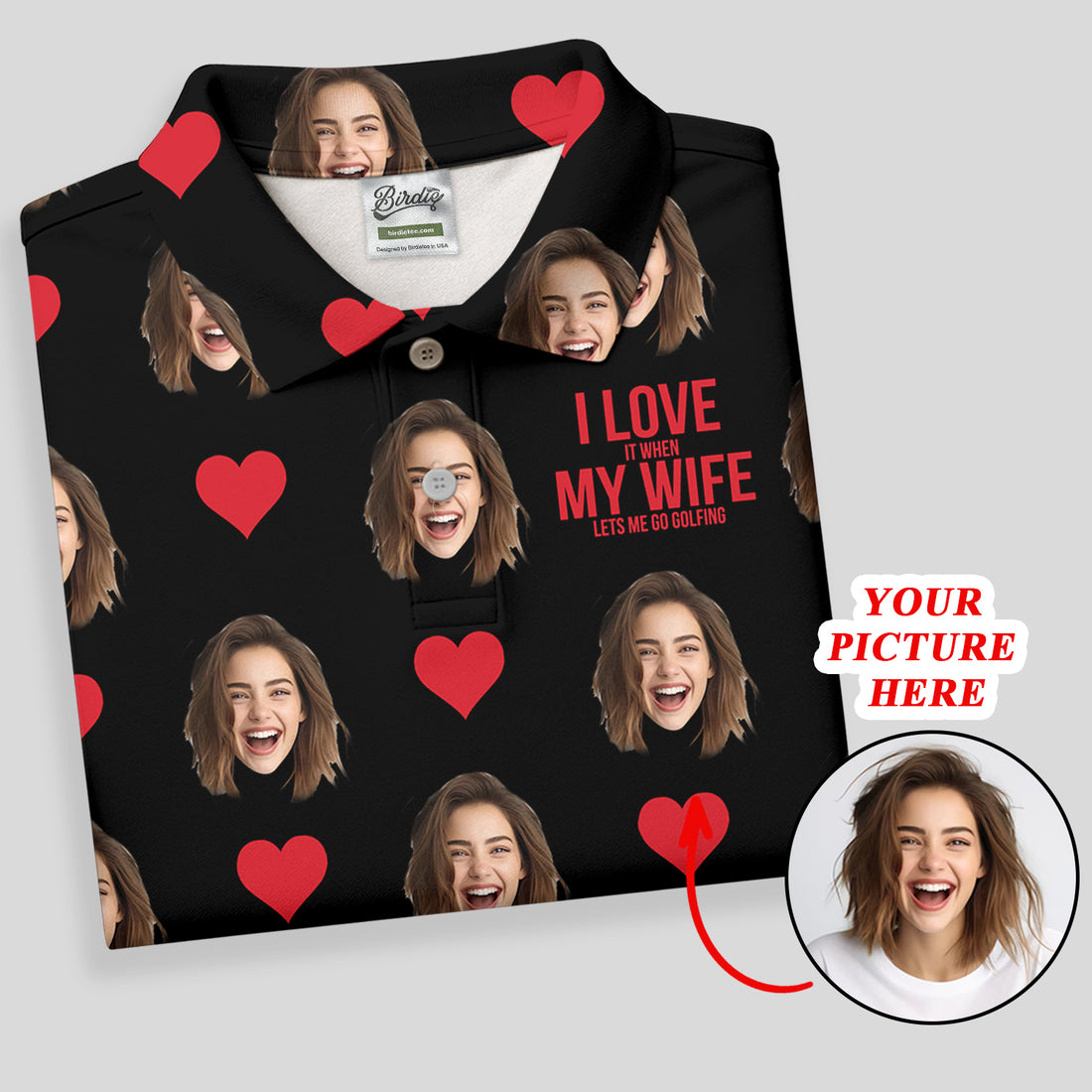I Love My Wife Custom Photo Black Golf Shirt, Valentines Golf Gift, Women Golf Top, Ladies Golf Polos