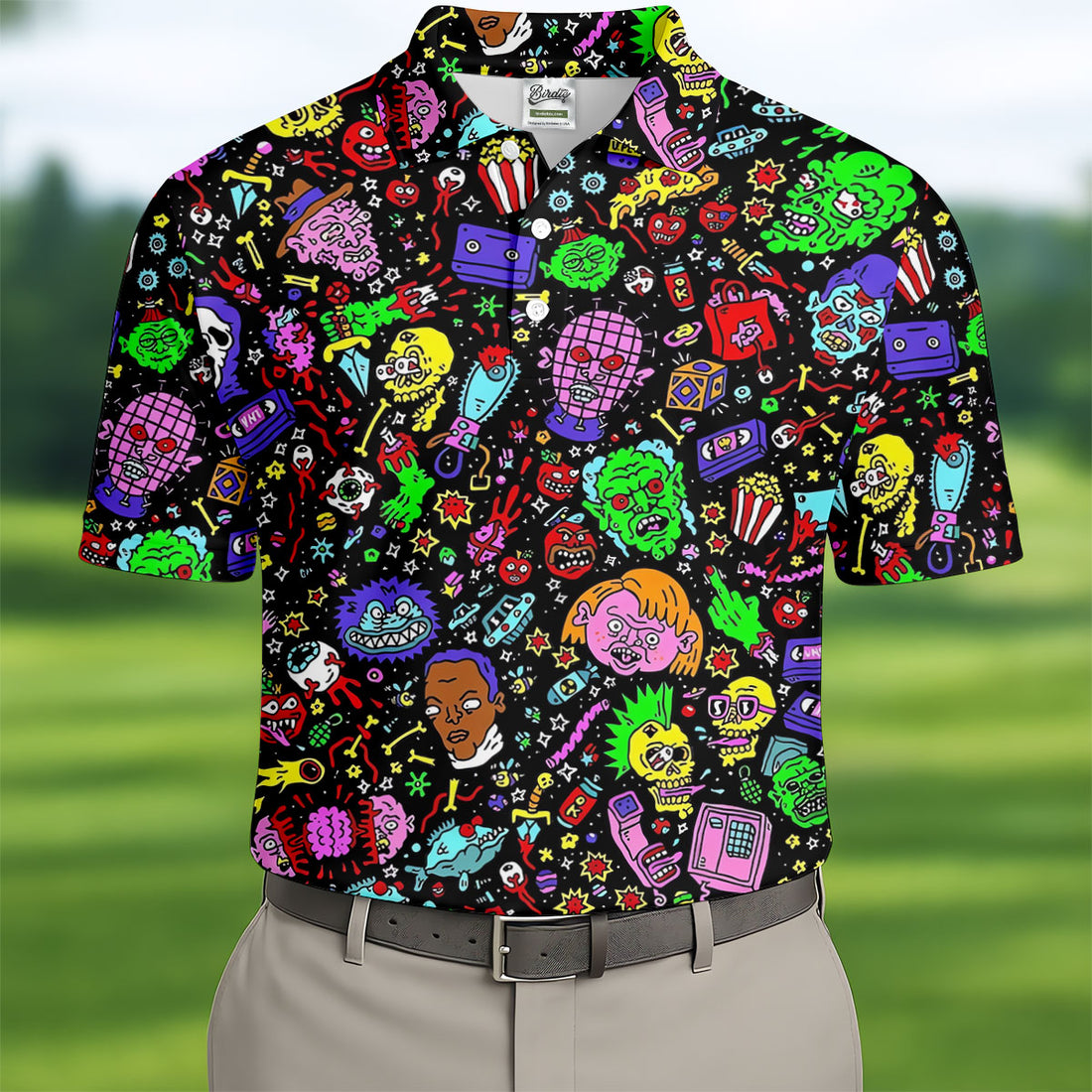 Halloween Horror Character Doodle Hawaiian Golf Shirt, Men's Golf Shirt, Printed Golf Polo Shirt