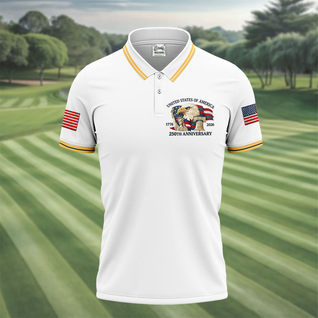 Bald Eagle American Flag 250 Years White Golf Shirt, Patriotic 4th Of July Golf Shirts For Men