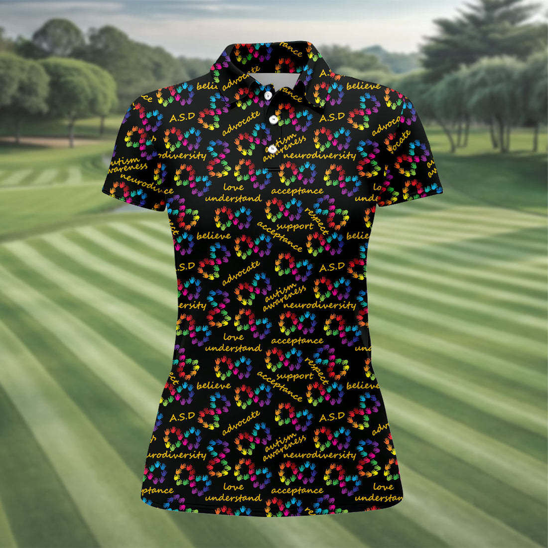 Rainbow Infinity Symbol Autism Awareness Colorful Handprint Women's Golf Tops, Ladies Golf Shirts