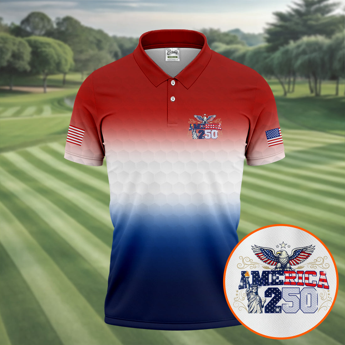 America 250 Red White Blue Golf Ball Pattern US Flag Golf Shirt, Patriotic 4th Of July Golf Shirts For Men