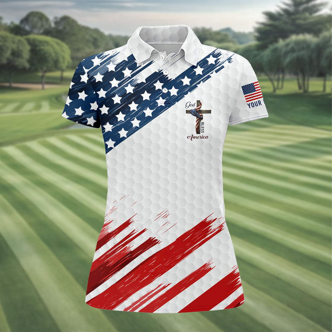 America 250 Anniversary Bald Eagle US Flag Brush White Golf Shirt, Patriotic 4th Of July Golf Shirt For Women