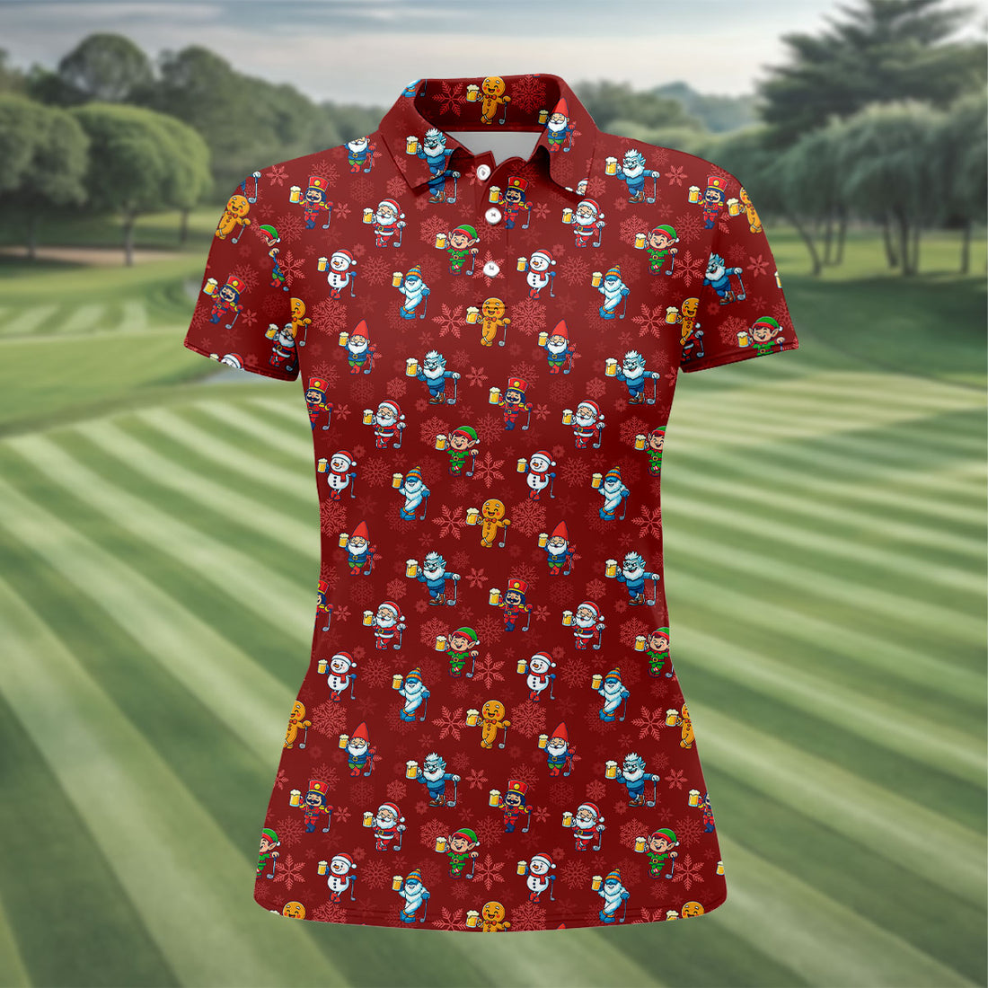 Christmas Characters Golf And Beer Red Women's Funny Golf Shirts, Christmas Golf Shirt, Polo Shirts For Women
