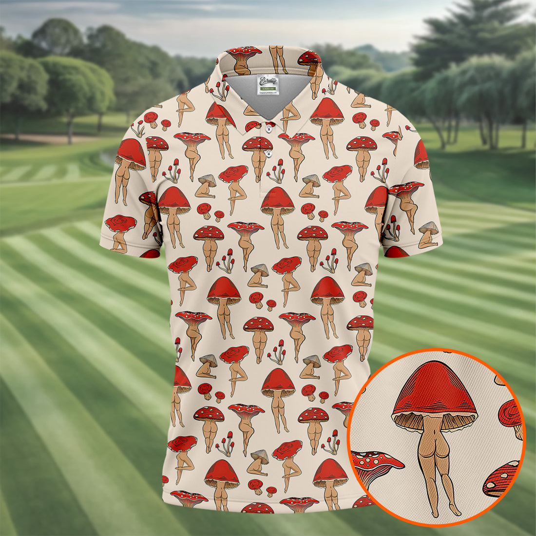 Vintage Mushroom Pin Up Pattern Hawaiian Golf Shirt, Mens Golf Shirts, Golf Apparel For Men