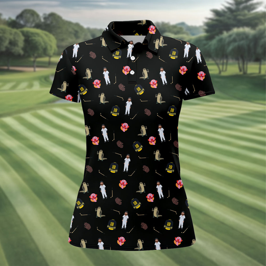 Sport Movie Character Funny Aligator Clown Head Black Golf Shirt, Fun Women's Golf Shirts, Ladies Golf Shirt