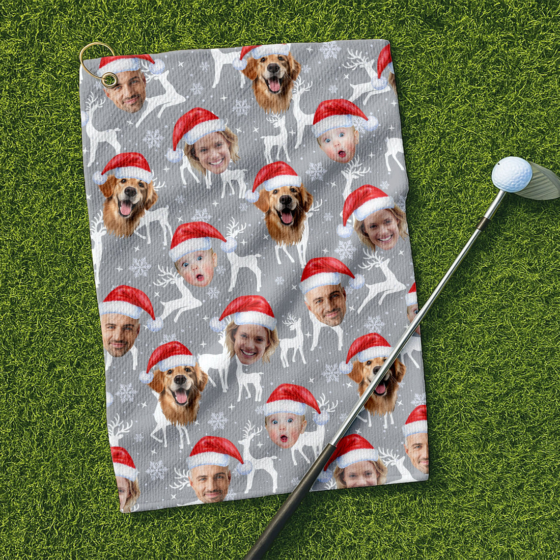 Custom Face Snow Reindeer Grey Golf Towels, Christmas Golf Gift, Custom Golf Accessories